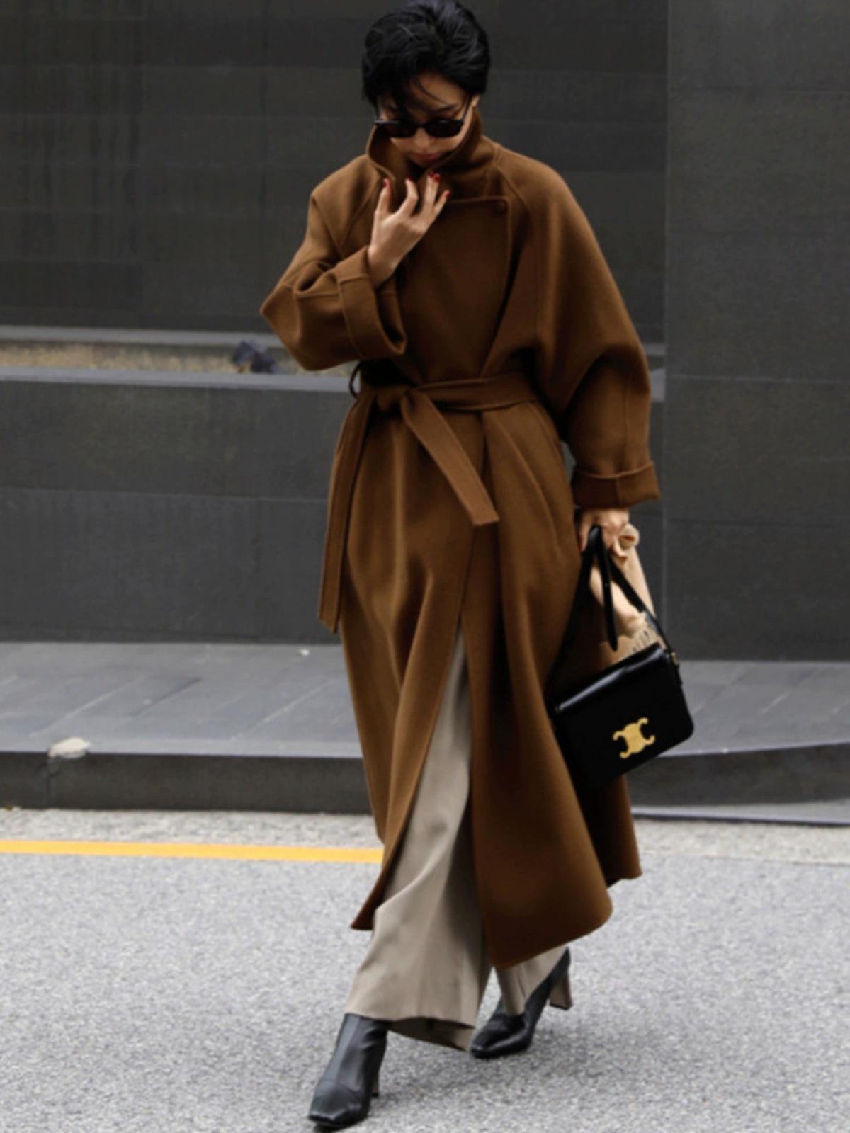 

Johnature Пальто на шнуровке с двух сторон зимнее женское корейское длинное пальто средней длины XL кофейный