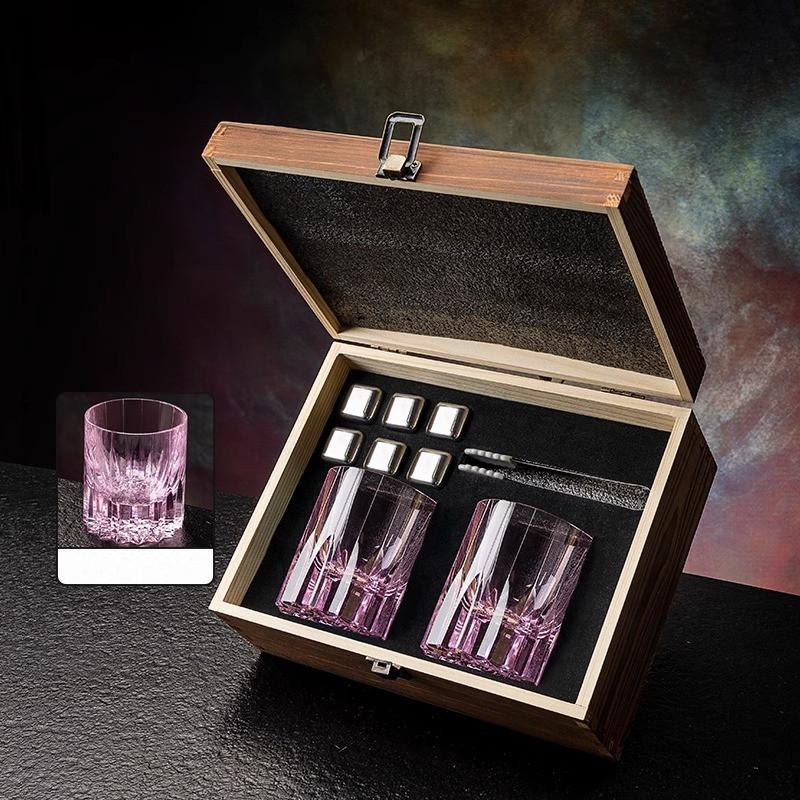 Creative Whiskey Glasses Stone Set Luxurious Wine Gift 2 Pcs Whisky Cups And 6 Pcs Stainless Steel Whiskey Stones In Wooden Box