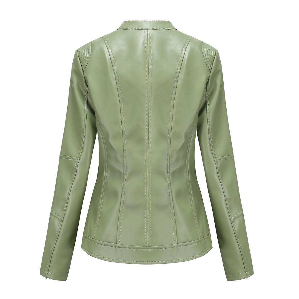 Women's Navy Blue Stand Collar PU Leather Jacket - Lightweight Spring/Autumn Fashion Coat