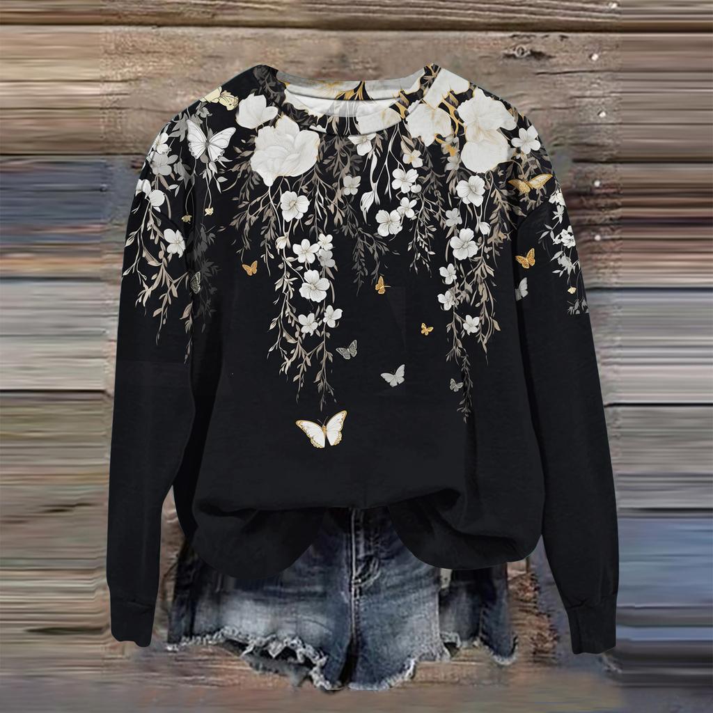 Women's Fashion Printed Long Sleeve Loose Round Neck Sweatshirt Top Fall