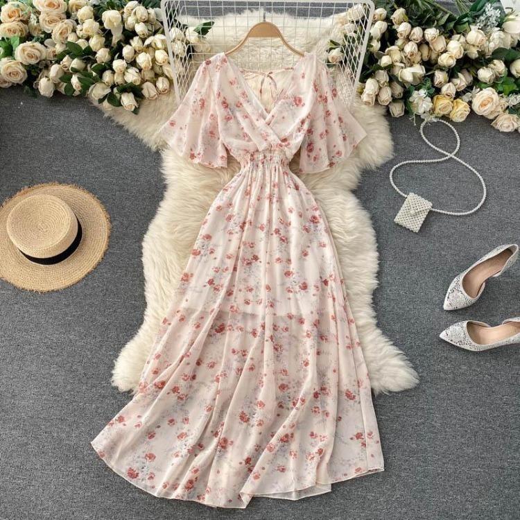 Women Summer Floral V Neck Long Dress High Waist Ruched A Line Short Sleeve