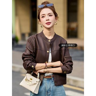 Herbst Winter Rundhals Streetstyle PU Leder Strickjacke Mantel Damen Lässig Mode Uni Knöpfe Jacke Oberteil