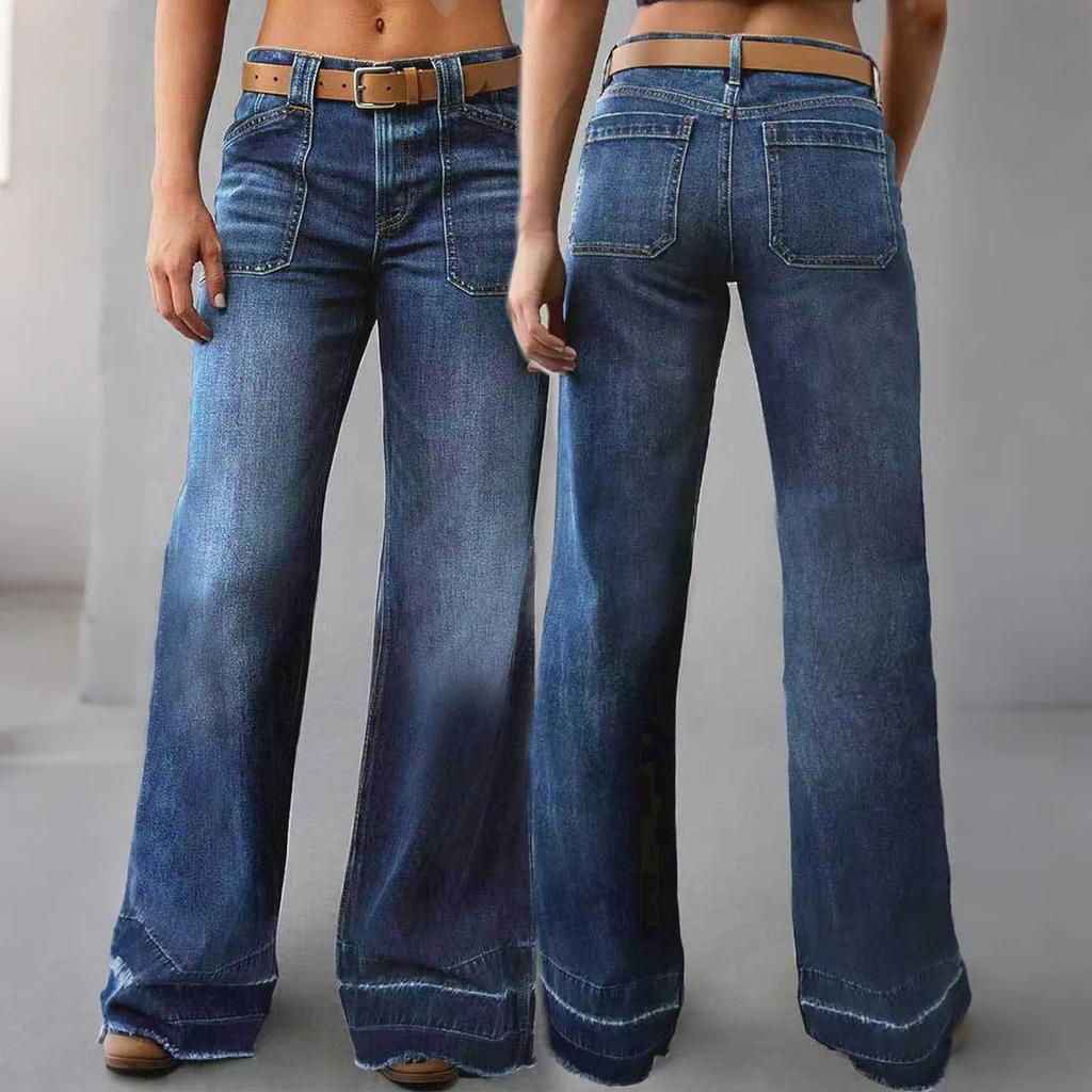 Wide Straight Leg Mid-Rise Loose Pocket Jeans (No Belt) Denim Wide Leg Pants