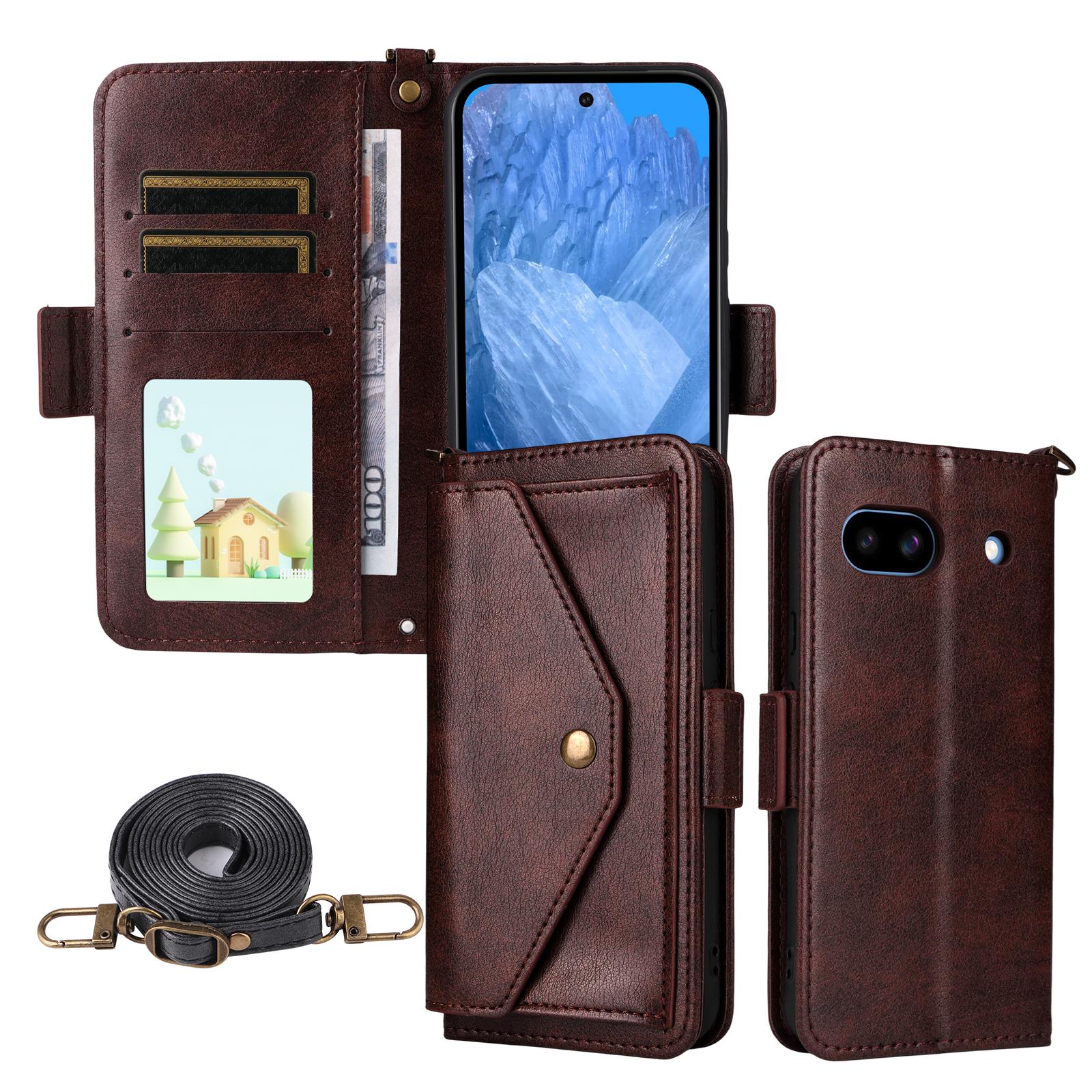 

For Google Pixel 8a Leather Case Magnetic Closure Wallet Stand Phone Cover with Crossbody Strap Brown