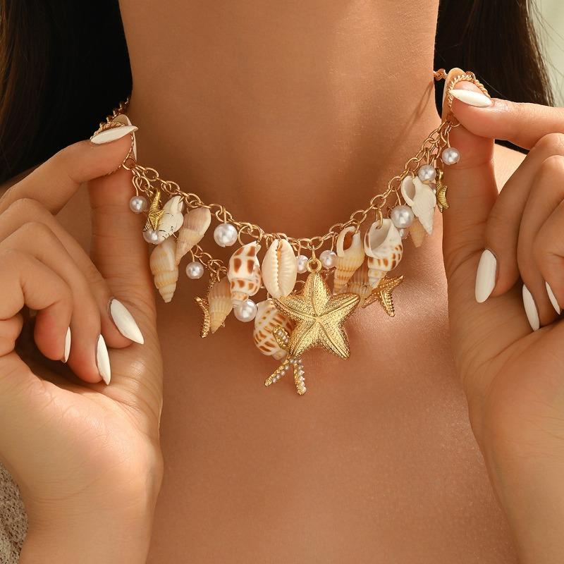 Stacked Shell Necklace, Seaside Necklace, Multi-layer Vacation Starfish Necklace, Personalized Collarbone Chain for Women