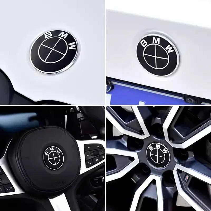 Motorhaubenemblem Vorne Für BMW Rennstrecke Schwarz Weiß Logo 81mm+Heckemblem 74mm+Radnabendeckel 68mm+56mm Lenkradaufkleber 46mm