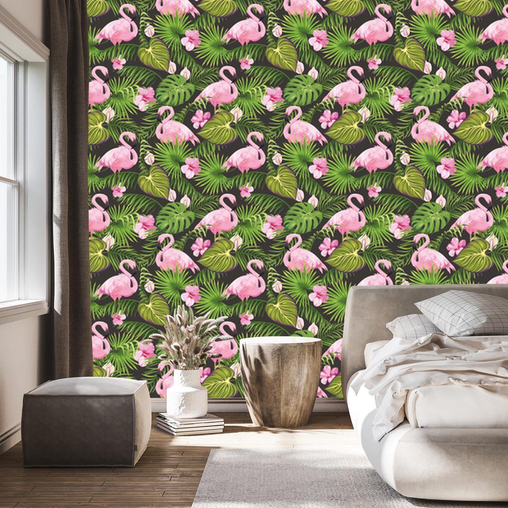 Tropical Flamingos, Leaves and Flowers Wallpaper for Living Room and Bedroom 50x1000