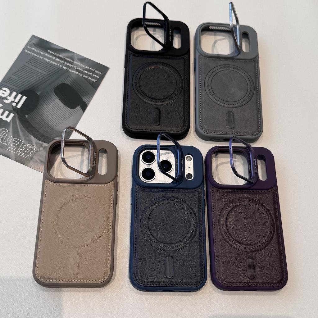 Business Luxury Magnetic Leather Phone Case for iPhone 17 Pro Max 16 Plus 15 14 13 for Magsafe Lens Bracket Protection Cover
