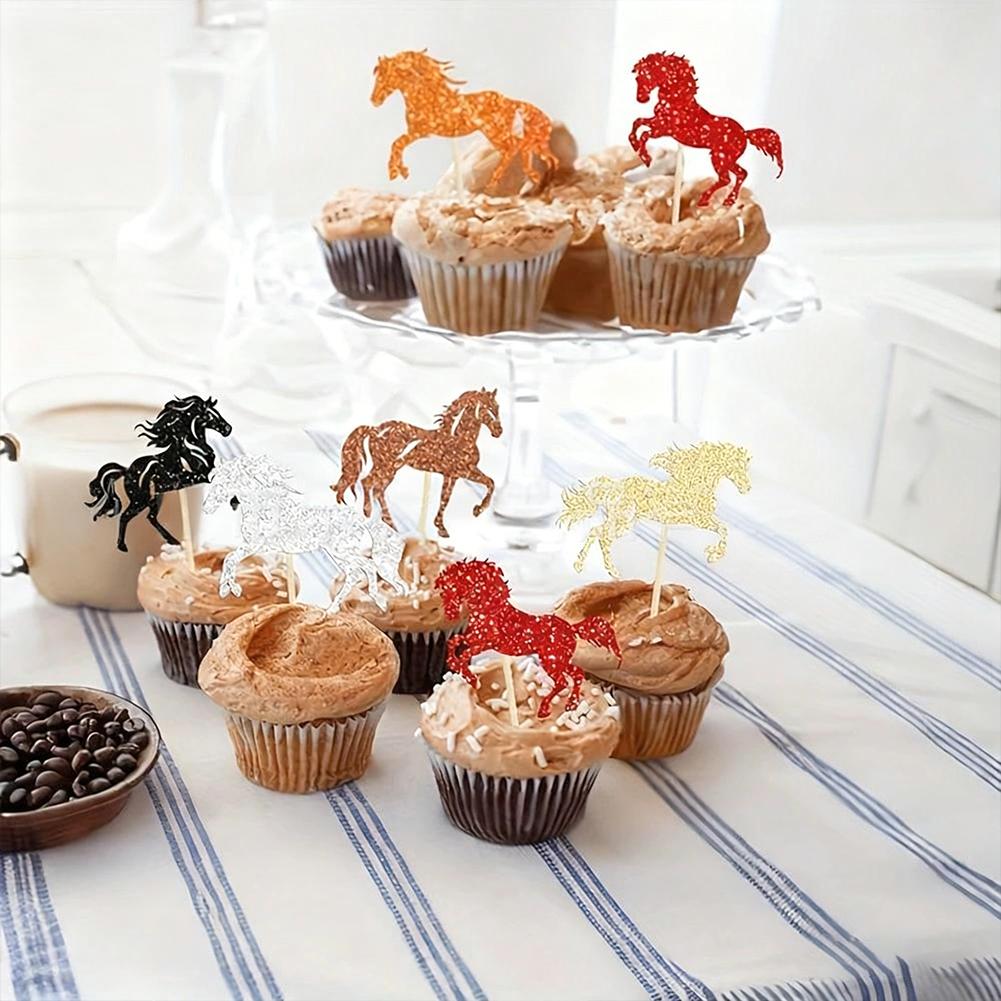 24/12pcs Glitter Horse Cupcake Toppers Horse Racing Cake Birthday Party Decorations Horse Party Birthday Wedding Supplies