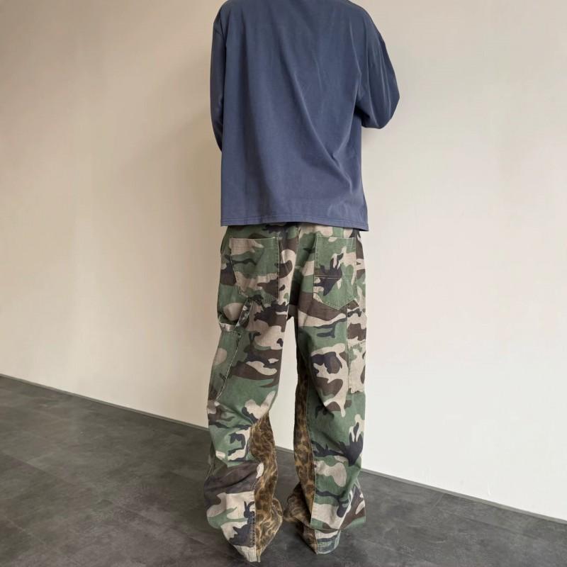 Mens Relaxed Fit Camo Leopard Print Patchwork Denim Cargo Pants Water Washed Straight Leg Workwear