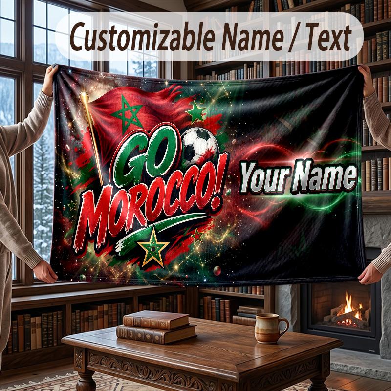 Custom Name Flannel Throw Blanket Morocco Football Pattern Warm Home Decoration