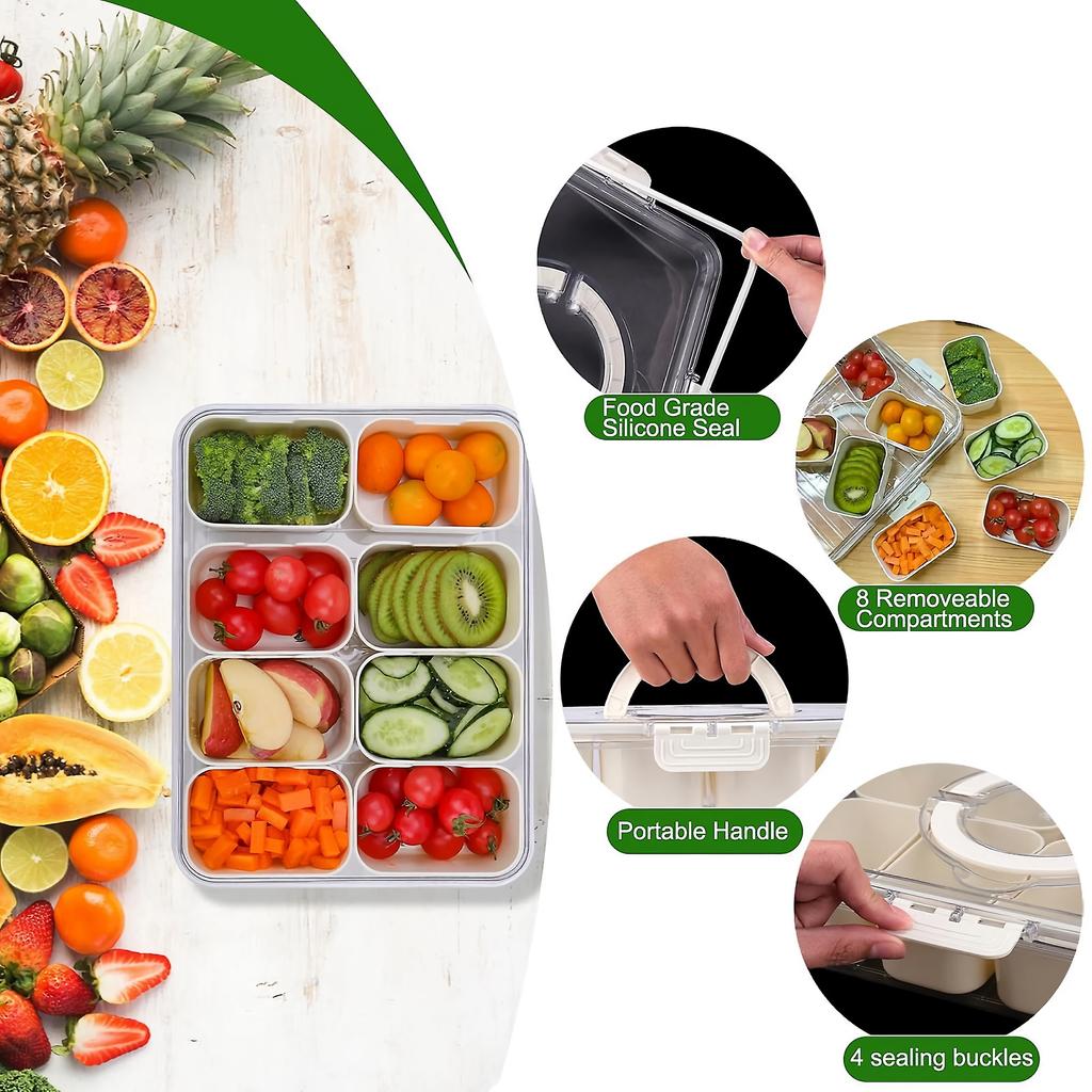 Snack Box Container, 8-compartment Divider Tray with Lid and Handle for Food, Snacks, Nuts, Fruit, Picnics, Travel - H-006-8