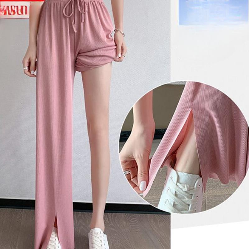 High Waist Drape Ice Silk Pants for Women Summer Thin Loose Straight Split Plus Size Casual Wide Leg Pants