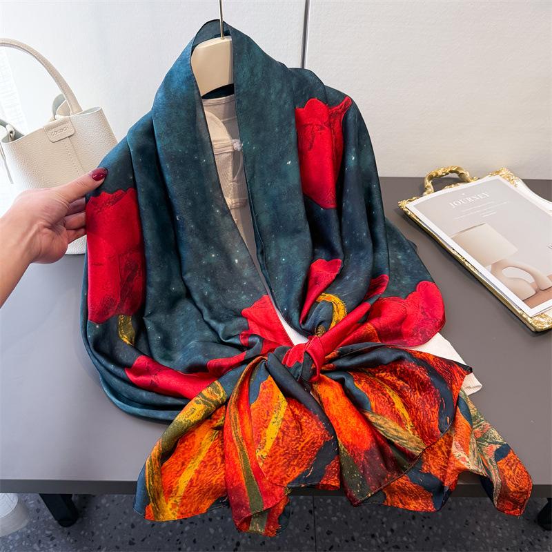2025 Silk Scarf Foulard Female Headbanda Luxury Hijab Women Soft Warm Pashmina Beach Scarves Echarpe Shawl Large Wrap Bandana