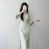 Grünes Elegantes Jacquard Cheongsam Kleid Chinesischer Stil Mädchen Jung Täglich Umgeschlagene Ärmel Modernes Vintage Kleid
