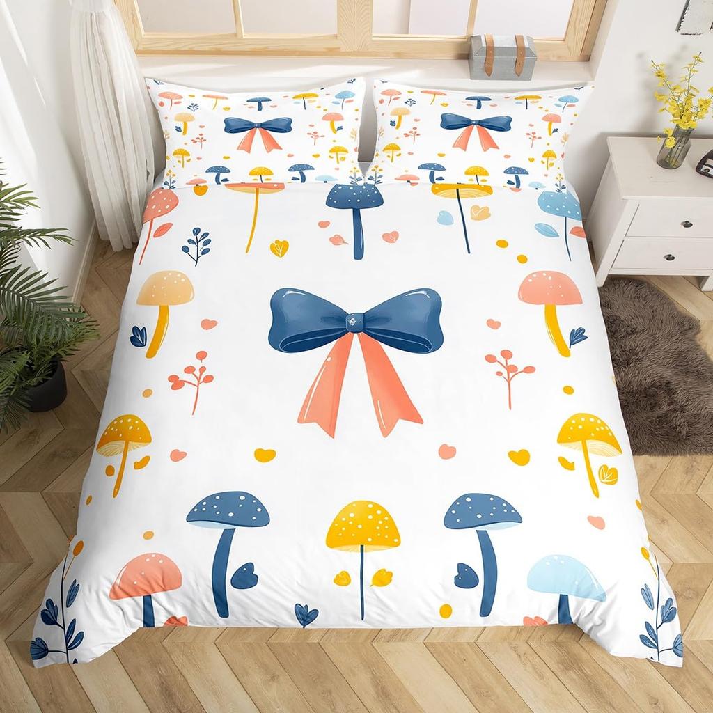 Simple Bow Knot Duvet Cover Twin SizeCartoon Kawaii Bedding SetCute Bows Ribbon Printed Comforter Cover for Girl Women Bedroom