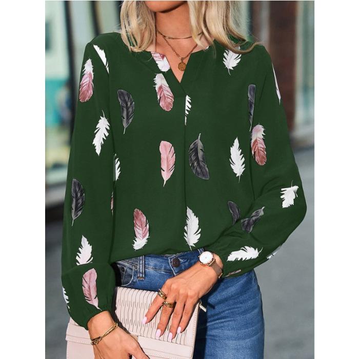 Mode Damen Temperament Elegant V-Ausschnitt Bluse Langarm Feder Malerei Gedruckt Locker Elegant Chiffon Glockenärmel T-Shirt