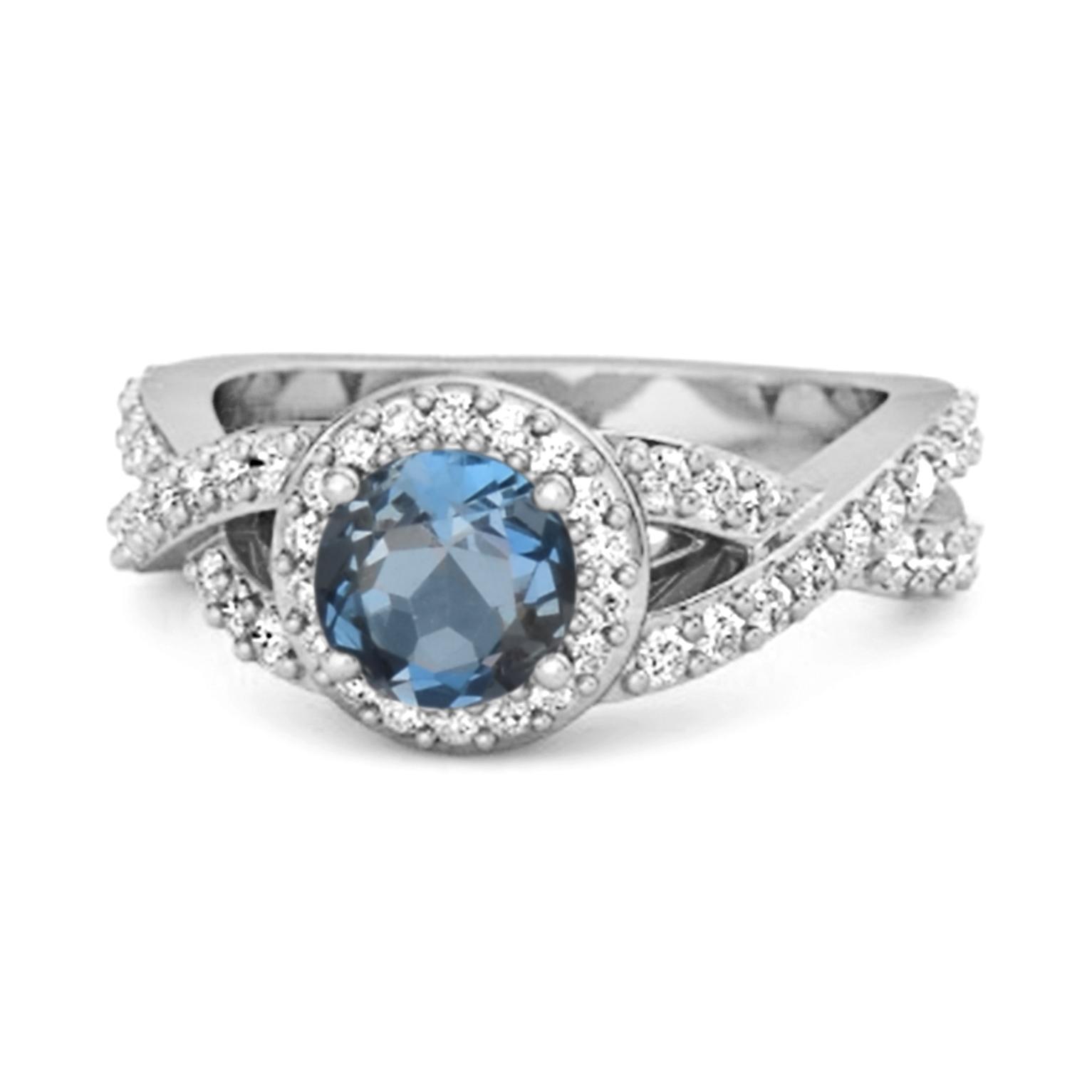 

London Blue Topaz Halo Accents Ring - 925 Sterling Silver 12 білий