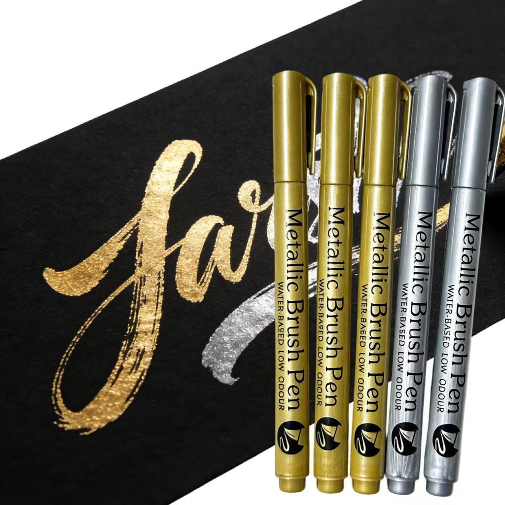 5pcs Metallic Brush Marker Pens(Golden+Silver), Waterproof Markers for Graffiti, Signature, Painting, Art School Supplies