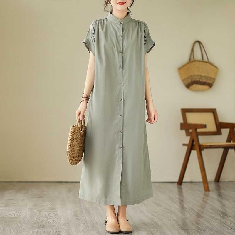 Short Sleeved Stand Up Collar Loose Casual Shirt Skirt