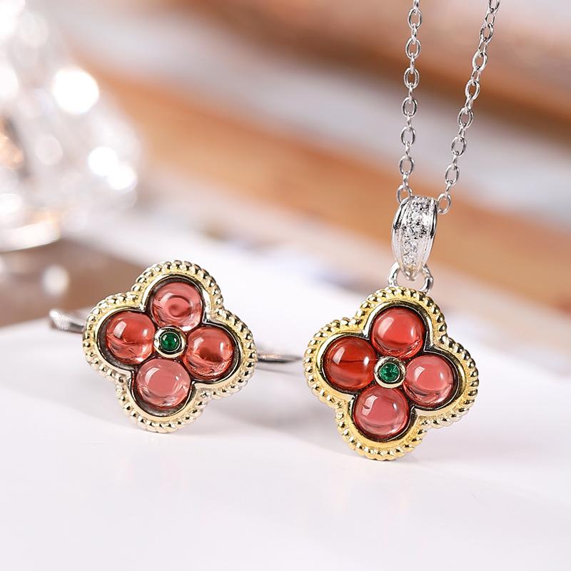 925 Sterling Silver Jewelry Natural Jade Crystal Plants Flower Jewelry Set Necklace Rings for Women Wedding Party Friend Gift