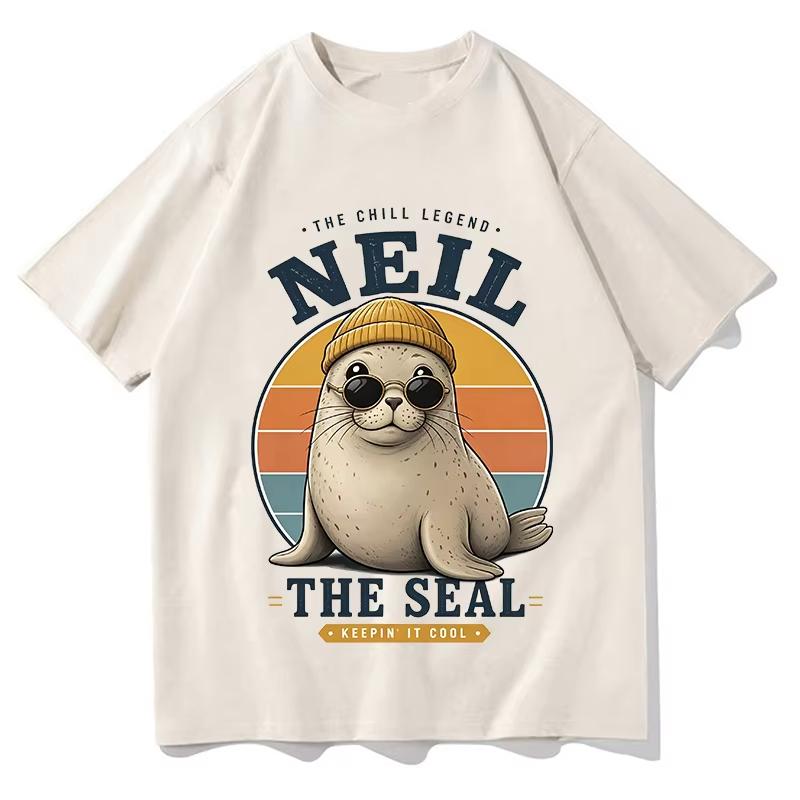 Neil The Seal Retro Cool Seal Vintage Graphic T Shirts Fashion Unisex Unisex Round Neck Short Sleeve Tee Cotton Casual Loose Clothes