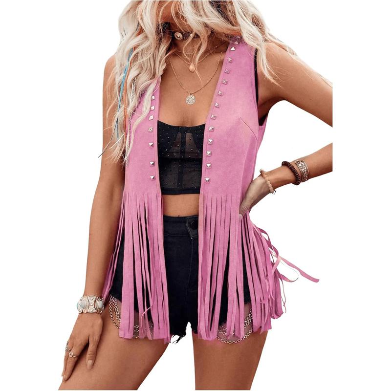 Women Vintage Sleeveless Faux Suede Fringe Vest Rivets Leather Western Boho Tassel Jacket Open Front Hippie Cardigan