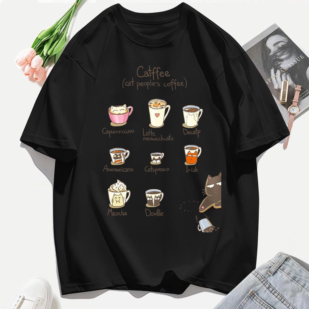 Cat People'S Coffee Illustration Printing T-Shirt Woman Summer Cotton T Shirts Y2K Soft Comfortable Top Unisex Hip Hop Clothes