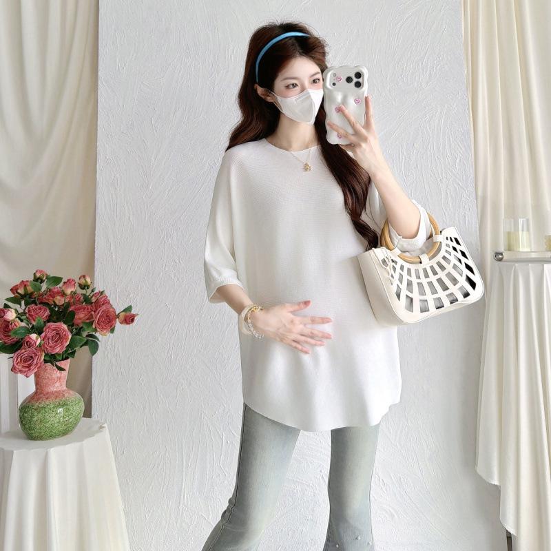 2026 Summer Maternity Ice Silk Short Sleeve Round Neck T-shirt - Solid Color, Loose & Slimming Fit. XL