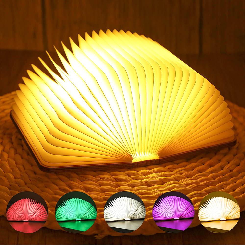 Three-Color Carved LED Wooden Book Lamp: Foldable Night Light