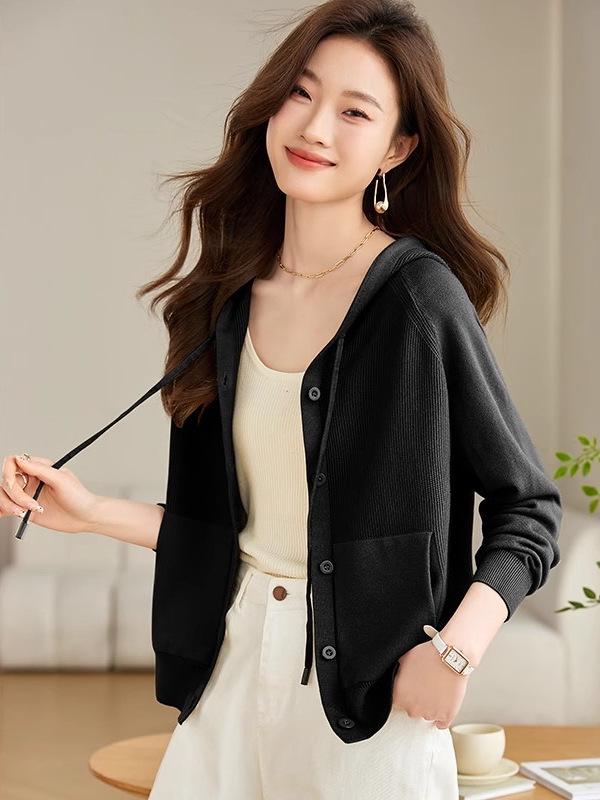 2026 Spring/Autumn Women's Hooded Knit Cardigan - Casual Loose Fit, Slimming Sweater Jacket