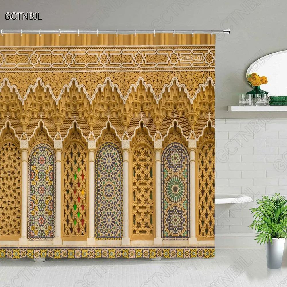 Moroccan Yellow Antique Arched Doors Shower Curtains Old Vintage Wooden Door Bathroom Waterproof Fabric Bath Curtains With Hooks