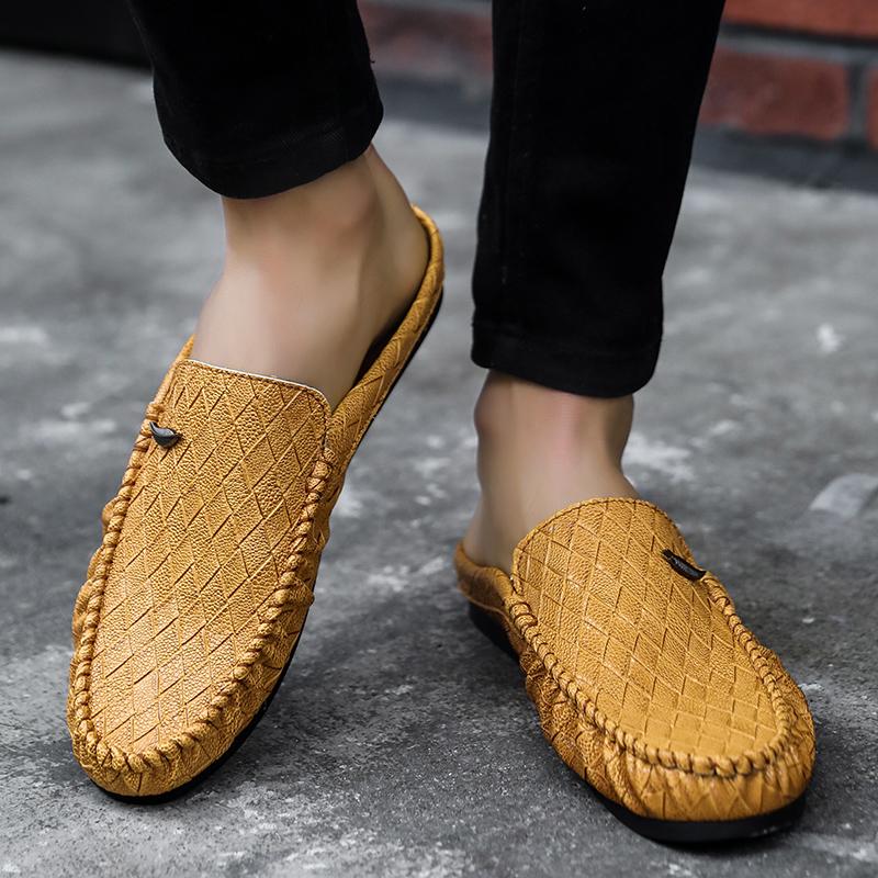 Half Shoes for Men Loafers Slippers PU Leather Man Slides Breathable Mules Closed Toe Sandals Outdoor Lightweight Slip On Flats