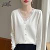 Women's French Lace V-neck Cashmere Sweater - Autumn/Winter 2024 Edition, White