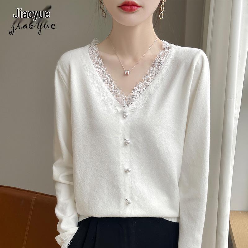 

Women s French Lace V-neck Cashmere Sweater - Autumn/Winter 2024 Edition, White Small