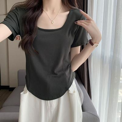 Youa and Sassy Right Shoulder Square Collar Short-sleeved Slim T-shirt Women's European Summer New Age-reducing Fishbone Short Shirt
