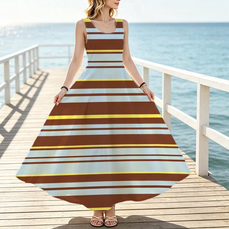 Women's Sleeveless Striped A-line Flowy Maxi Dress,Lightweight Elegant for Beach Vacation & Daily Casual