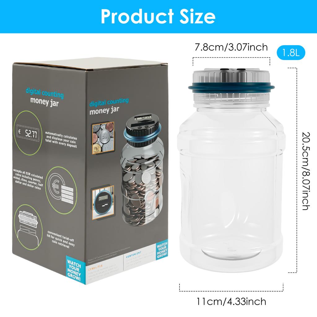 Electronic Piggy Bank Counter Digital Changes Counting Jar with LCD Display 1.8L Large Capacity Money Saving Box For EURO