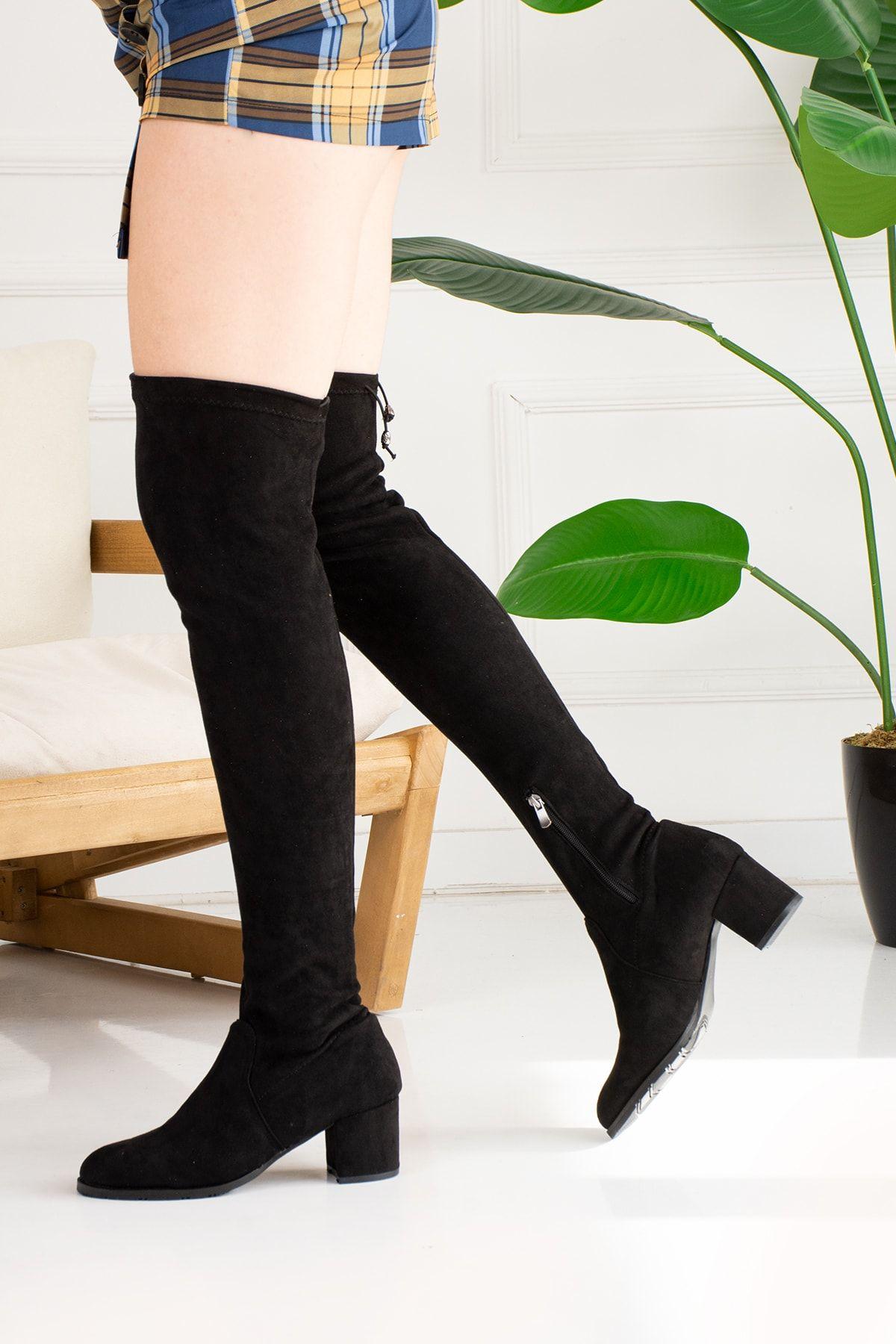 

Женские замшевые повседневные черные эластичные замшевые сапоги выше колена на толстом каблуке, сапоги до колена на молнии и шнуровке 39