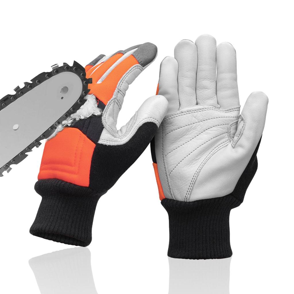 WISEPRO Chainsaw Protective Work Cowhide Leather Work Meets EN388 Standard Level with Chainsaw Protector Fabric on the Back of the Left Perfect for