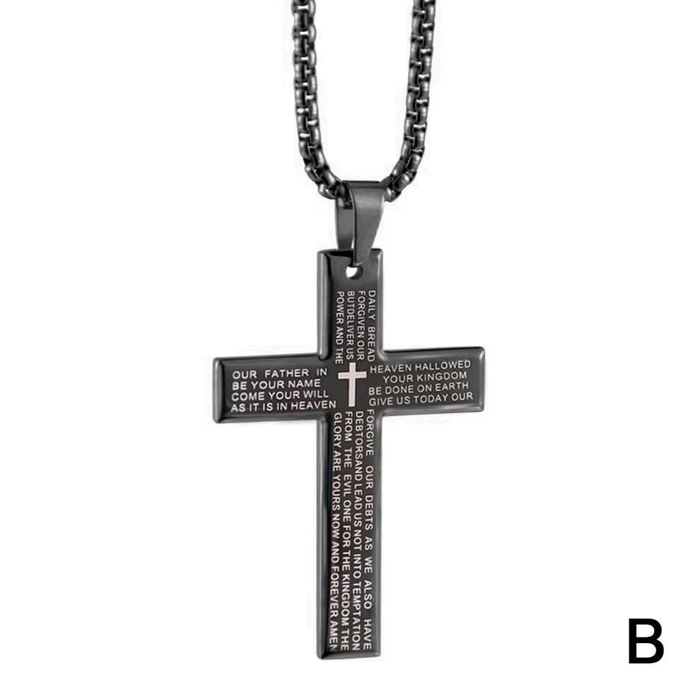 Christian Bible Cross Necklace Stainless Steel Big Pendant Men's Religious Prayer Jewelry Adjustable Chain Anti-Tarnish Durable