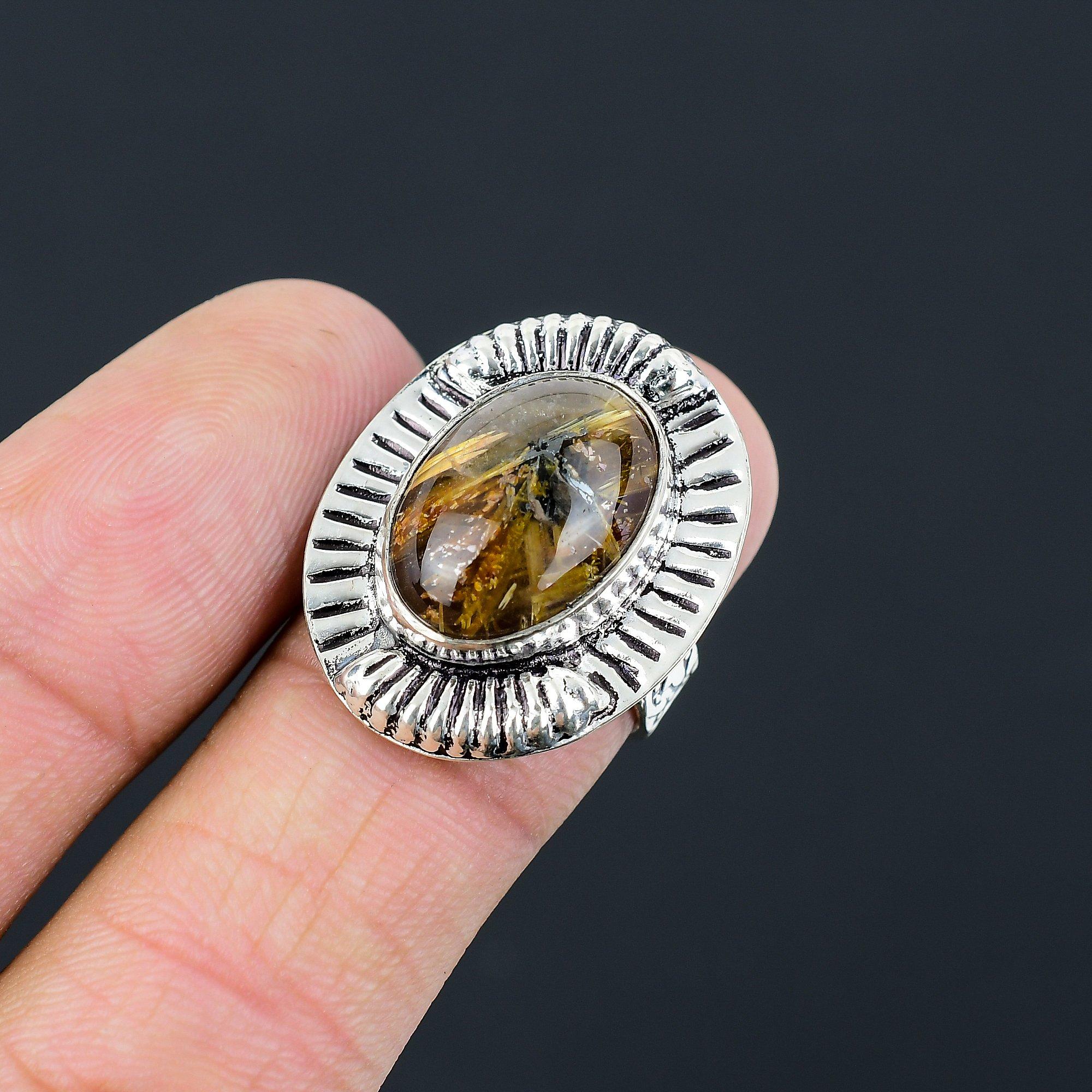925 Sterling Silver Golden Rutile Gemstone Engagement Ethnic Ring Jewelry US 8 8