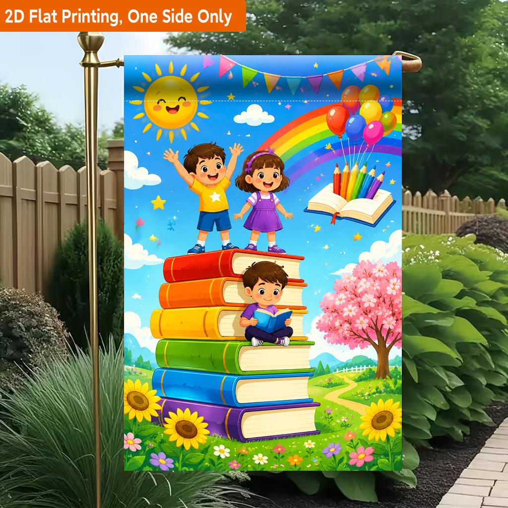 2D Flat, 2D Flat Printing Garden Flag 1pc, Books And Happy Learning Durable Single-Sided Print Yard Flag, Garden & Home Holiday Decoration, 29.97x44.9