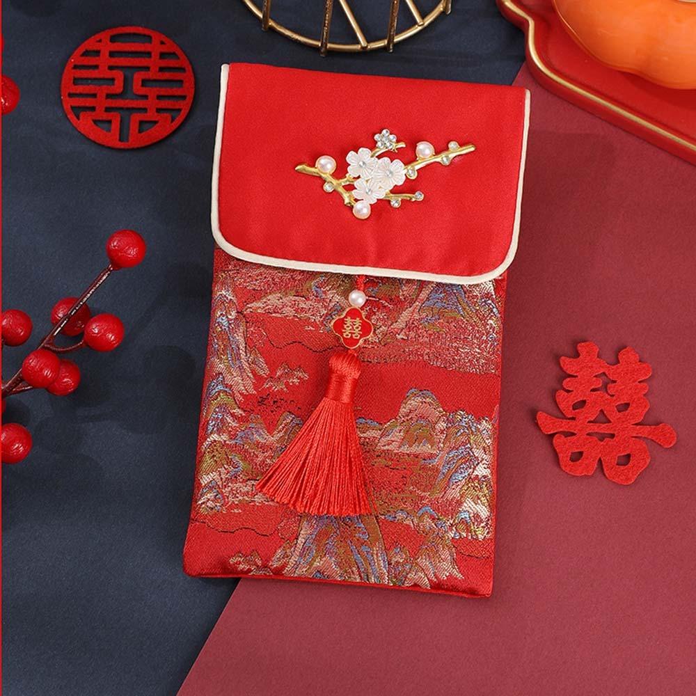 New Year Blessing Words 2025 Money Pocket Brocade Cloth Tassel New Year Money Bag Chinese Wedding