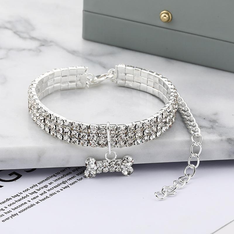 

Dog Collar Rhinestone Jewelry Chihuahua Crystal Jewelry Adjustable Metal Chain Collar Luxury Bone Pendant Dog Collar S-20CM
