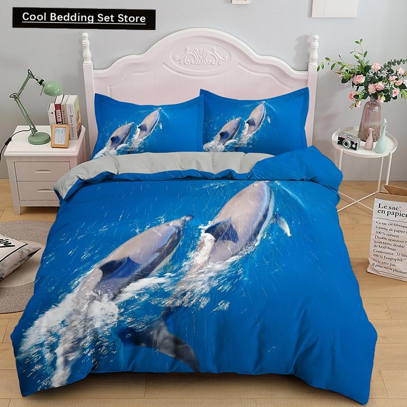 Ocean Dolphin Duvet Cover King Queen Size Cute Dolphin Jumping In The Blue Sea Bedding Set Children 3D Animal Sunset Quilt Cover