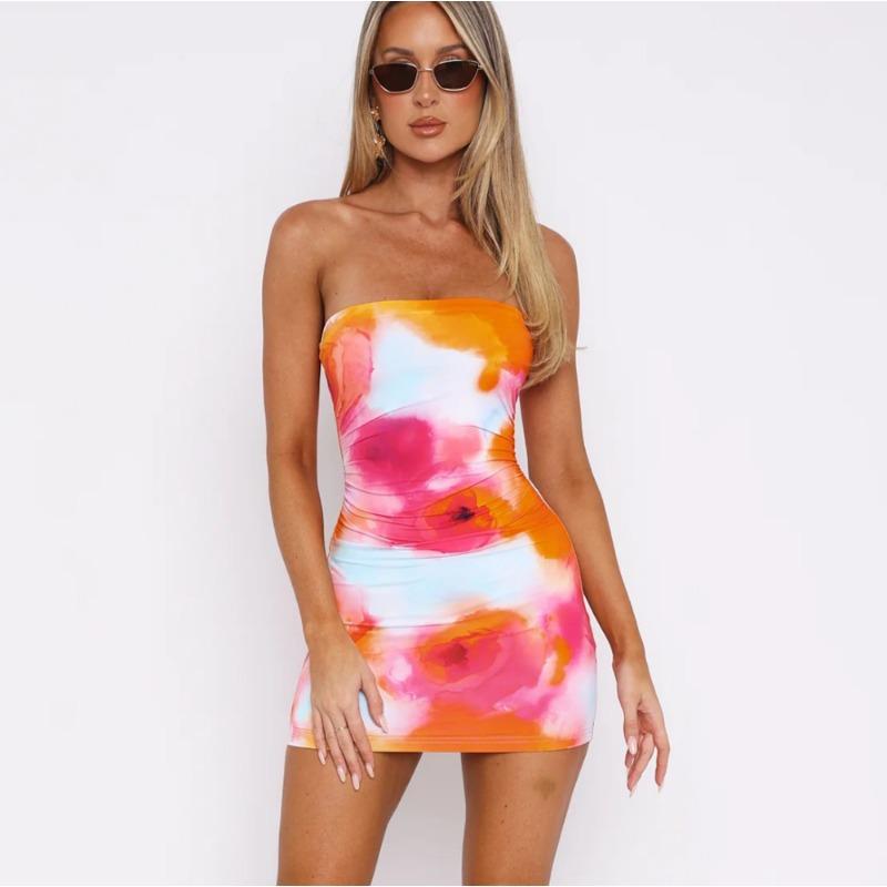 Damen Sommer Sexy Trägerlose Linie Schulter Gürteltasche Hüfte Print Kleid