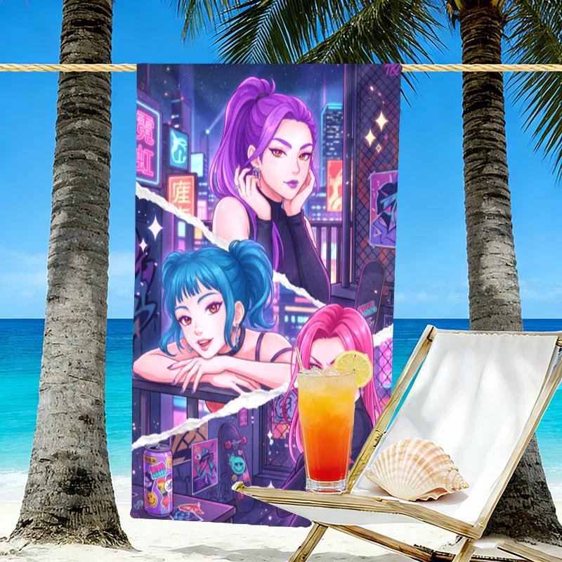 KPop Demon Hunters Print Beach Towel Design, Soft, Lightweight. for Home Bathroom, Spa, Pool, Yoga, Surfing, Camping, Gift for Family, Friend