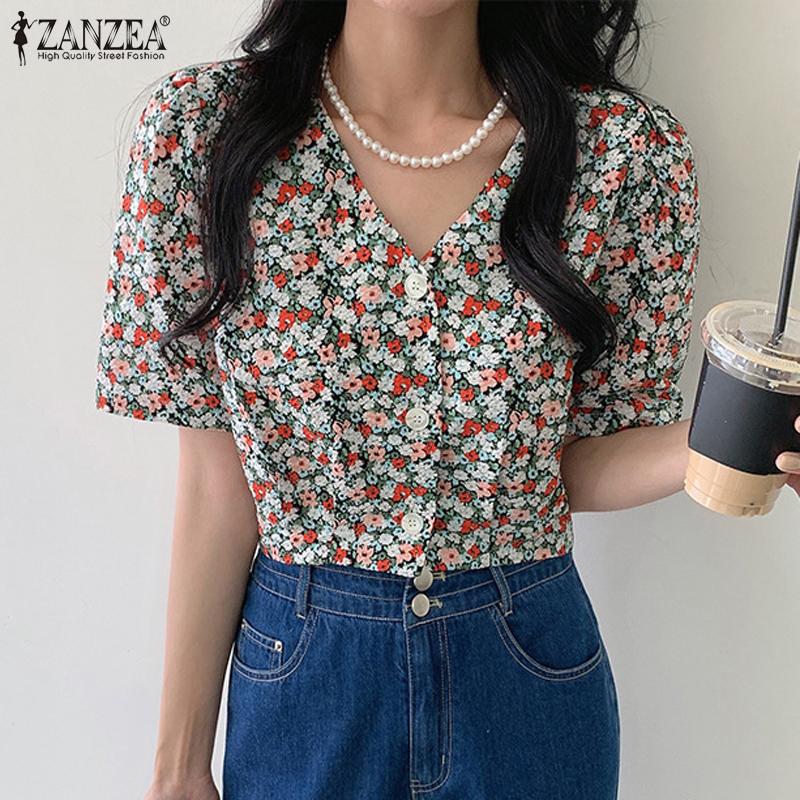 

ZANZEA Women Floral Print Casual Short Sleeve V-neck Summer Blouse