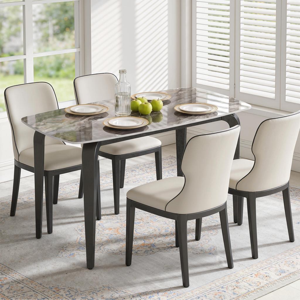 Dining Table for 4, Modern Kitchen Table with Sintered Stone Tabletop, Metal Legs, Brown